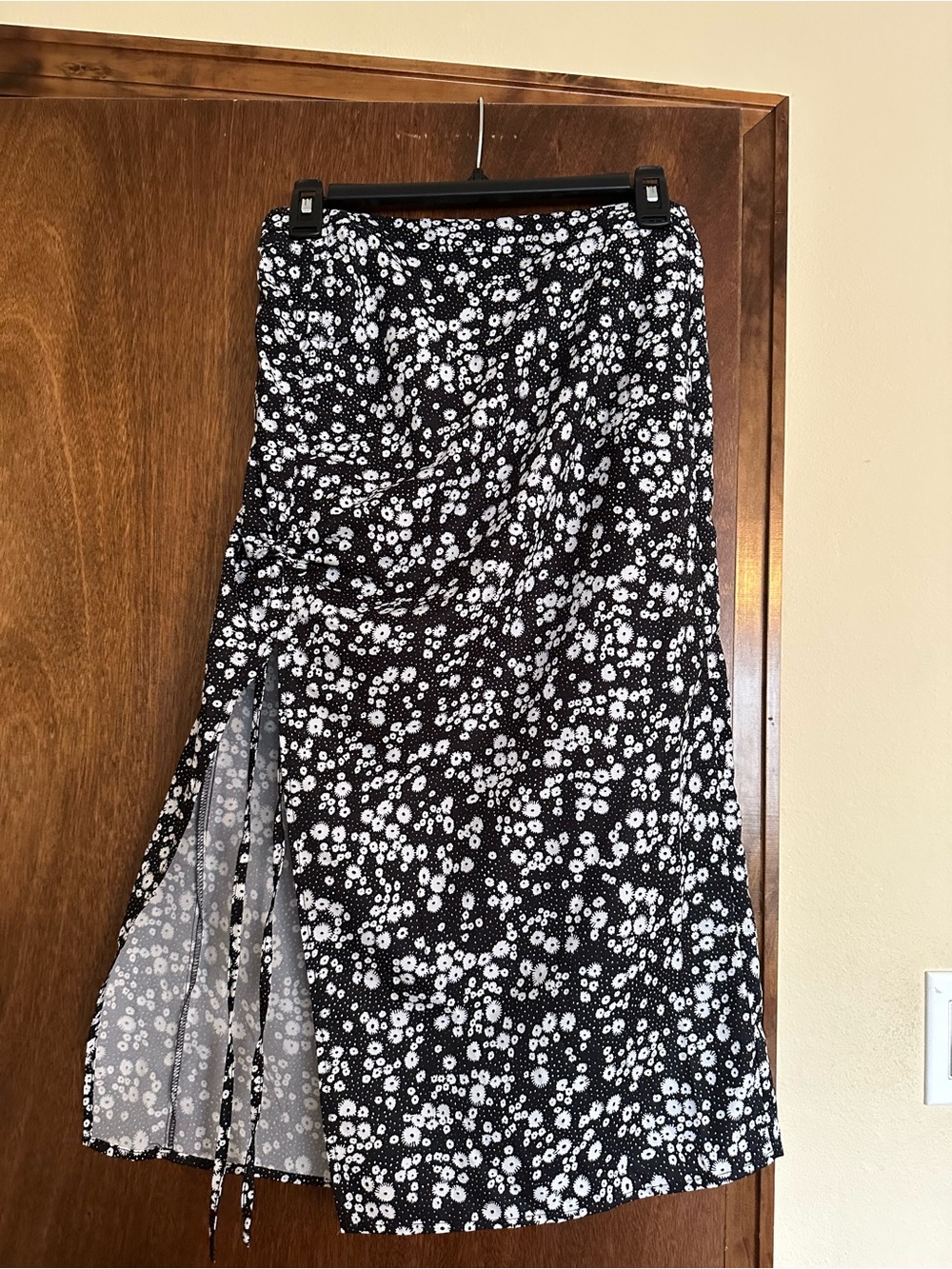 Black & White Floral Midi Skirt with Side Slit
